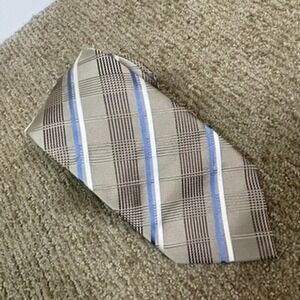 Donald J Trump Signature Collection Tie Mens Taupe Blue White Plaid Silk Office